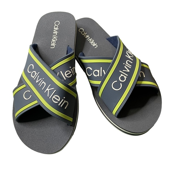 Calvin Klein Claris Crisscross Strap Logo Slide Blue & Green Size 6M  NWOT - Picture 1 of 10